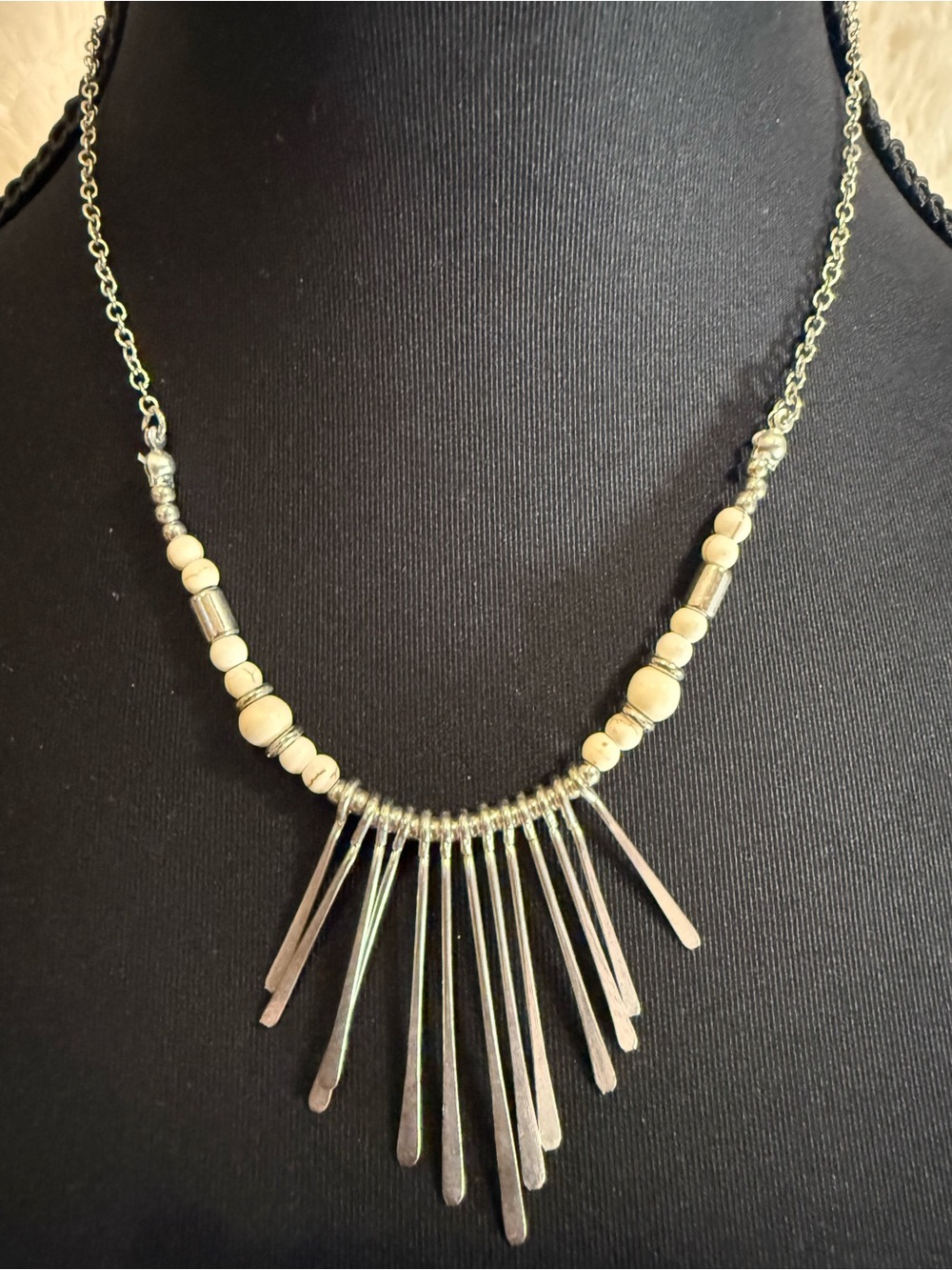 Vintage Boho Fringe Statement Necklace Silver Tone Cream Beads Southwestern Styl